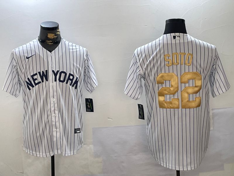 Men New York Yankees 22 Soto White Stripe Fashion Nike 2024 MLB Jersey style 1